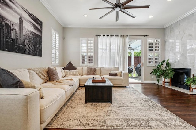 32555 Safflower St, Winchester, CA 92596 - living room with ceiling fan, wood finished floors, healthy amount of natural light, recessed lighting, and ornamental molding