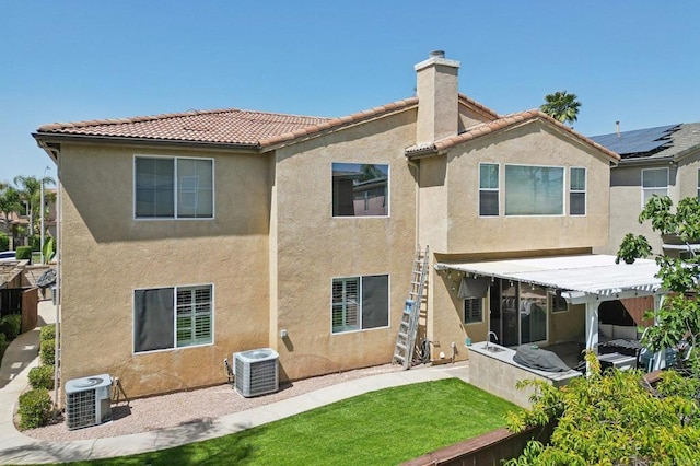 32555 Safflower St, Winchester, CA 92596 - rear view of house with central AC, stucco siding, and a chimney