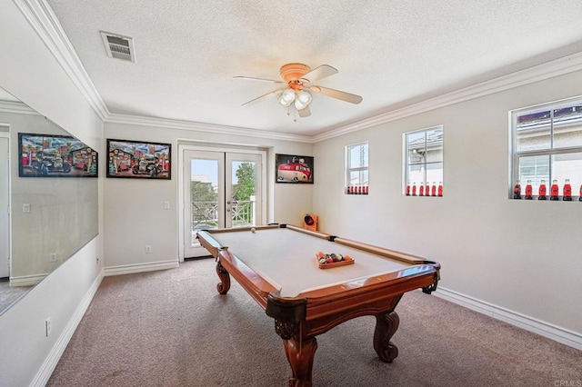 32555 Safflower St, Winchester, CA 92596 - rec room featuring plenty of natural light, carpet flooring, crown molding, baseboards, and a textured ceiling
