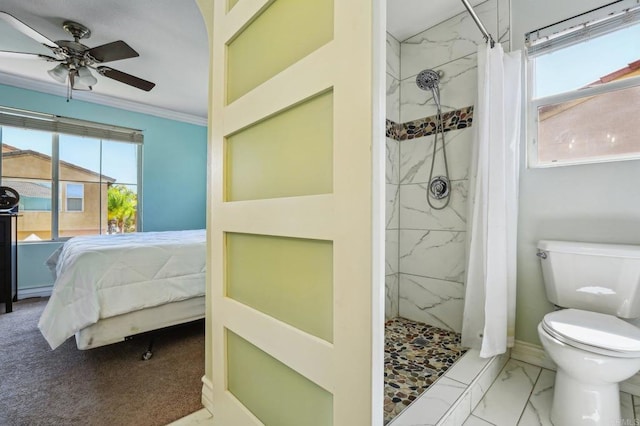 32555 Safflower St, Winchester, CA 92596 - full bath featuring marble look tiles, a ceiling fan, a stall shower, toilet, and crown molding