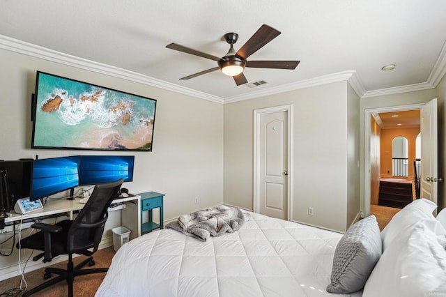 32555 Safflower St, Winchester, CA 92596 - carpeted bedroom with crown molding, a ceiling fan, and a desk