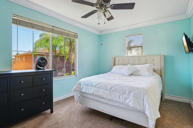 32555 Safflower St, Winchester, CA 92596 - carpeted bedroom featuring crown molding, multiple windows, baseboards, and ceiling fan