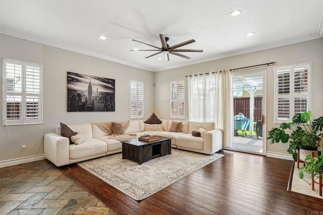 32555 Safflower St, Winchester, CA 92596 - living area with baseboards, a ceiling fan, recessed lighting, ornamental molding, and dark wood-style floors