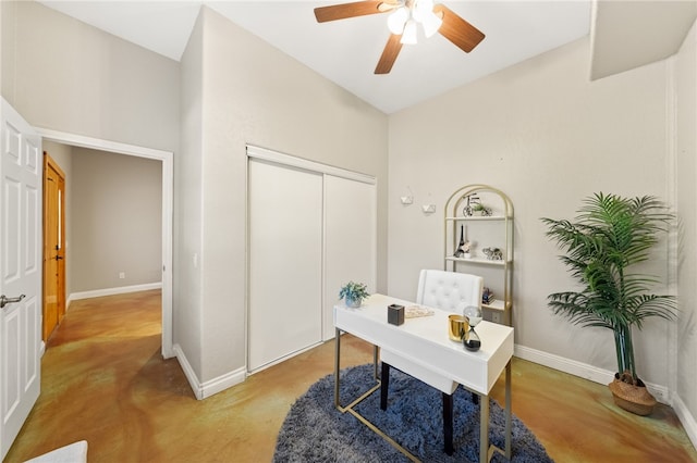 41225 Hacienda Dr, Murrieta, CA 92562 - office area featuring finished concrete flooring, ceiling fan, and baseboards