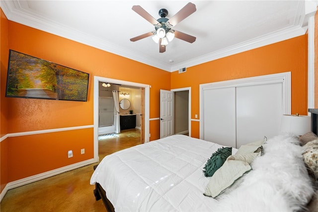 41225 Hacienda Dr, Murrieta, CA 92562 - bedroom featuring crown molding, baseboards, a closet, carpet floors, and ceiling fan