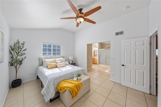 41225 Hacienda Dr, Murrieta, CA 92562 - bedroom featuring light tile patterned flooring, lofted ceiling, baseboards, ceiling fan, and ensuite bathroom
