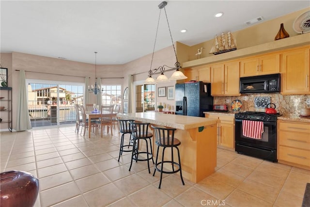 kitchen with black appliances, light brown cabinets, light tile patterned floors, backsplash, and recessed lighting
