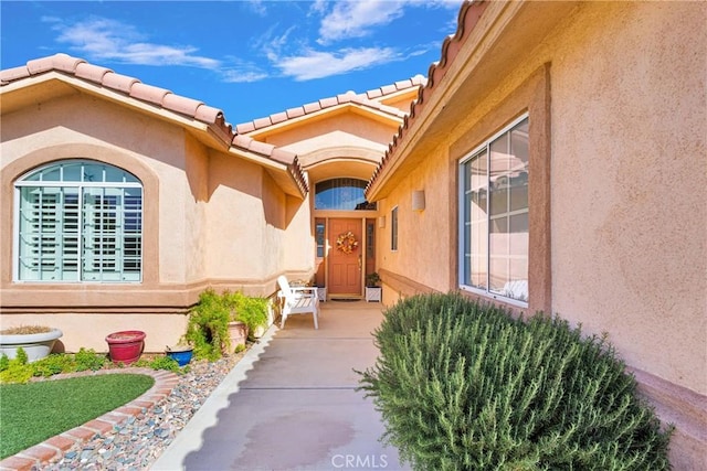 entrance to property featuring stucco siding and a tiled roof