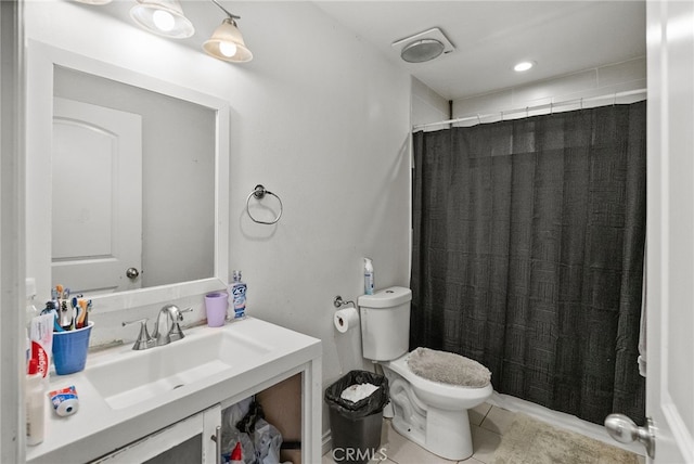 full bath with toilet, tile patterned floors, vanity, and a shower with curtain