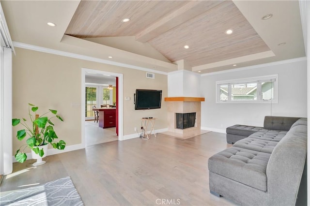 1961 W 187th Pl, Torrance, CA 90504 - living area with a tiled fireplace, wooden ceiling, wood finished floors, recessed lighting, and baseboards