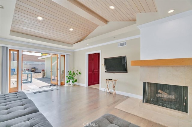 1961 W 187th Pl, Torrance, CA 90504 - living area featuring wood finished floors, baseboards, wooden ceiling, recessed lighting, and a multi sided fireplace