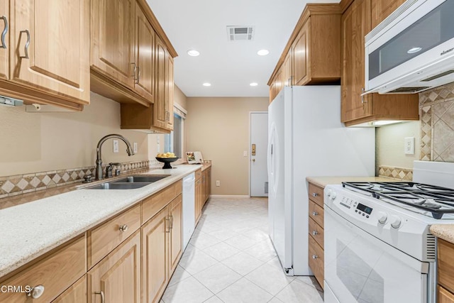2451 Manet Ln, Simi Valley, CA 93063 - kitchen featuring white appliances, a sink, backsplash, light tile patterned flooring, and recessed lighting