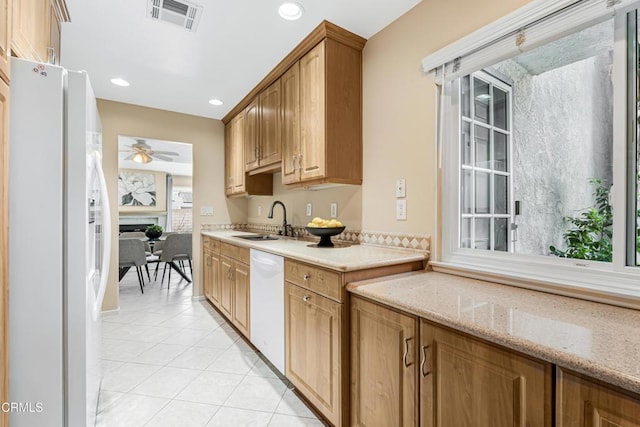 2451 Manet Ln, Simi Valley, CA 93063 - kitchen featuring white appliances, a sink, light tile patterned floors, a ceiling fan, and recessed lighting