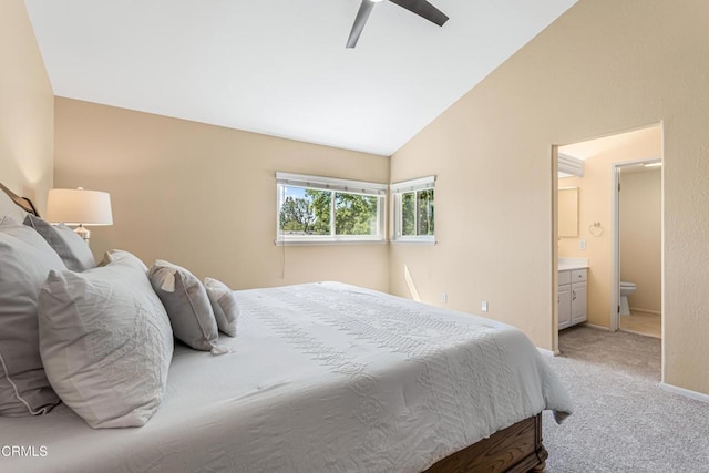 2451 Manet Ln, Simi Valley, CA 93063 - bedroom with carpet, vaulted ceiling, ensuite bath, ceiling fan, and baseboards
