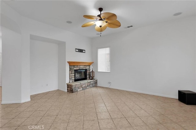 34113 Castle Pines Dr, Yucaipa, CA 92399 - unfurnished living room with ceiling fan and a fireplace