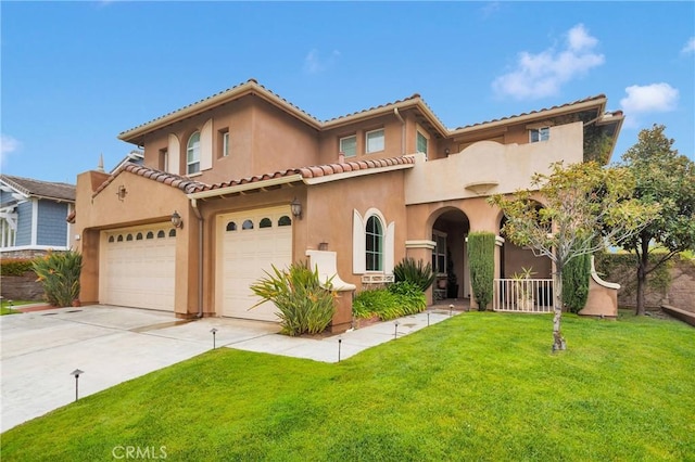 34113 Castle Pines Dr, Yucaipa, CA 92399 - mediterranean / spanish home featuring stucco siding, concrete driveway, a front lawn, and an attached garage