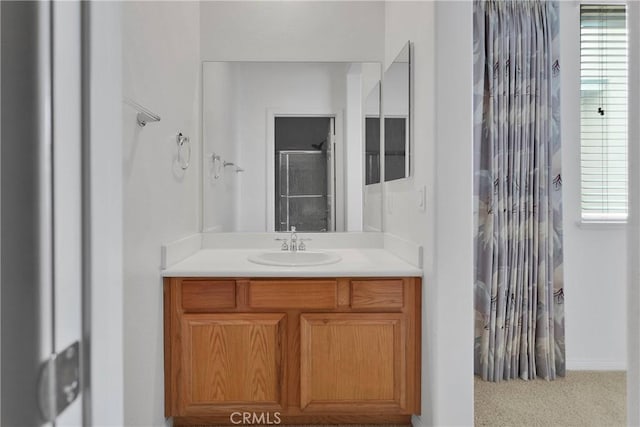 34113 Castle Pines Dr, Yucaipa, CA 92399 - full bathroom featuring a shower with curtain, healthy amount of natural light, vanity, and baseboards