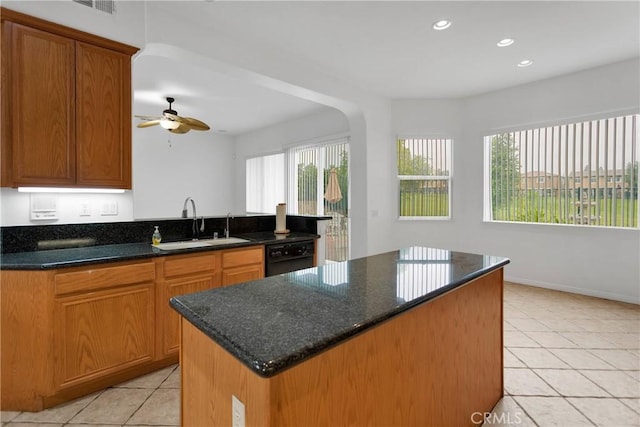 34113 Castle Pines Dr, Yucaipa, CA 92399 - kitchen featuring a sink, light tile patterned flooring, black dishwasher, a kitchen island, and recessed lighting