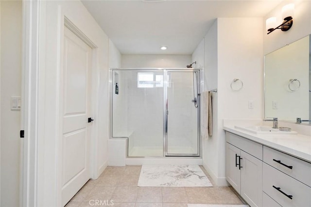 1053 Tiburon Way, San Luis Obispo, CA 93401 - bathroom featuring a stall shower, tile patterned floors, vanity, and baseboards