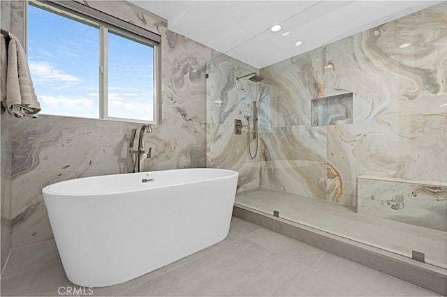 28 Brownsbury Rd, Laguna Niguel, CA 92677 - full bath with a freestanding bath, recessed lighting, a marble finish shower, and tile patterned floors