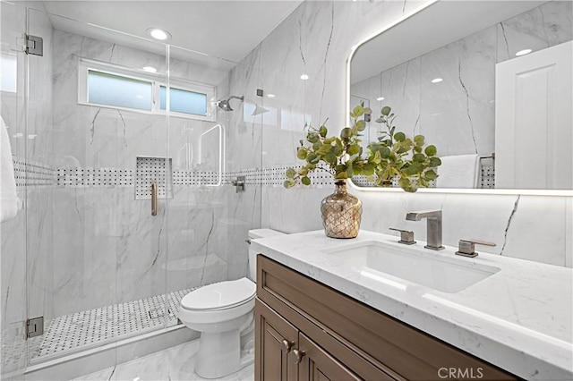 28 Brownsbury Rd, Laguna Niguel, CA 92677 - full bath featuring toilet, a marble finish shower, marble finish flooring, vanity, and recessed lighting