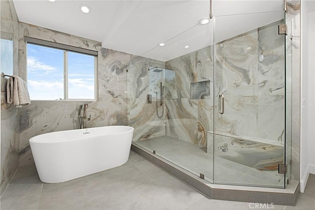 28 Brownsbury Rd, Laguna Niguel, CA 92677 - full bathroom featuring a freestanding bath, recessed lighting, and a marble finish shower