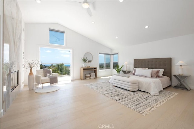 28 Brownsbury Rd, Laguna Niguel, CA 92677 - bedroom with wood finished floors, recessed lighting, ceiling fan, high vaulted ceiling, and access to outside