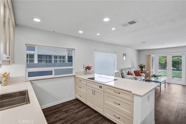 2146 Via Aguila, San Clemente, CA 92673 - kitchen with a peninsula, dark wood-style flooring, light countertops, recessed lighting, and black electric stovetop