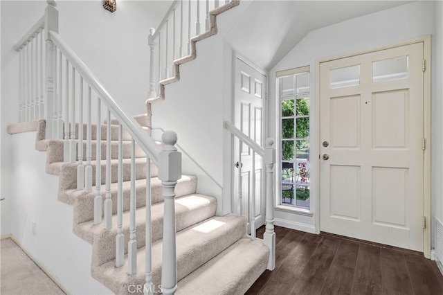 2146 Via Aguila, San Clemente, CA 92673 - foyer entrance featuring stairs, wood finished floors, lofted ceiling, and baseboards