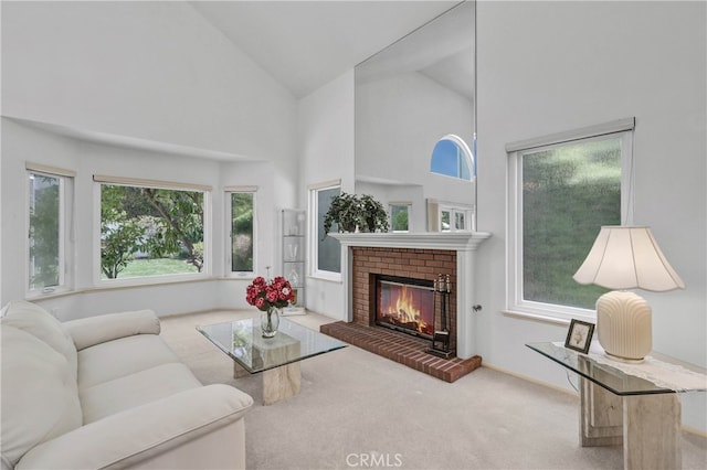 2146 Via Aguila, San Clemente, CA 92673 - living room with high vaulted ceiling, carpet flooring, and a fireplace