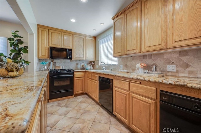 6119 Eastbrook Ave, Lakewood, CA 90713 - kitchen with black appliances, a sink, light stone countertops, tasteful backsplash, and recessed lighting
