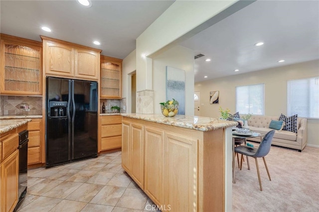 6119 Eastbrook Ave, Lakewood, CA 90713 - kitchen featuring black refrigerator with ice dispenser, recessed lighting, glass insert cabinets, backsplash, and light brown cabinets