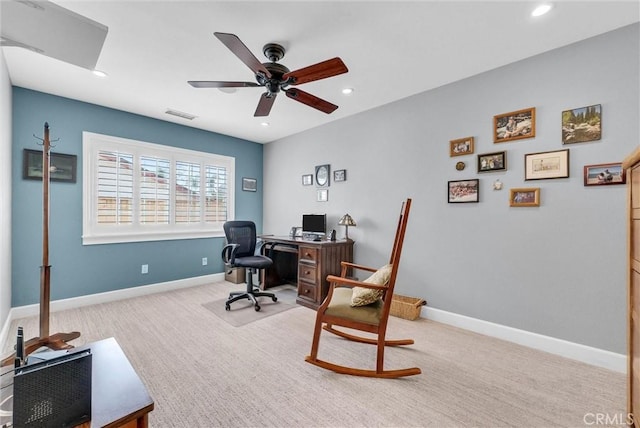 office area featuring a ceiling fan, recessed lighting, baseboards, and carpet flooring