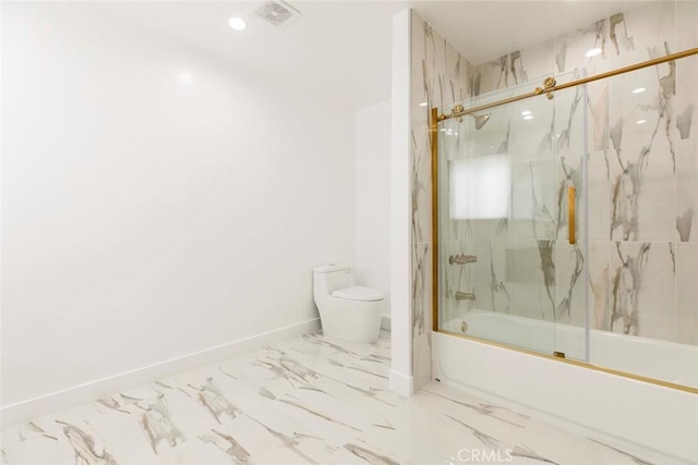 full bathroom with toilet, enclosed tub / shower combo, marble look tiles, baseboards, and recessed lighting