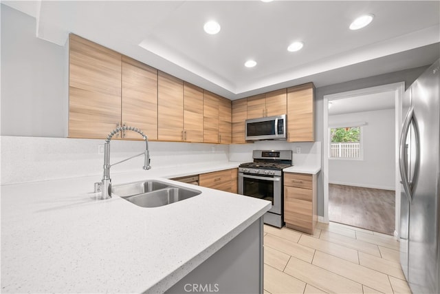 206 Eisenhower, Placentia, CA 92870 - kitchen with stainless steel appliances, a sink, recessed lighting, baseboards, and a raised ceiling