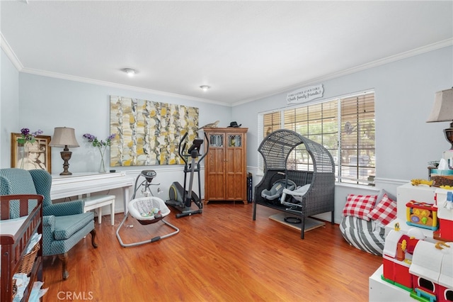 playroom featuring crown molding and wood finished floors