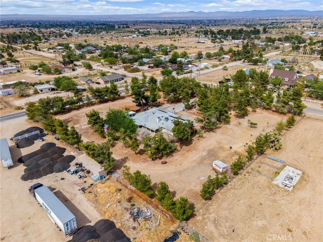 aerial view of sparsely populated area featuring a mountain backdrop and a desert landscape