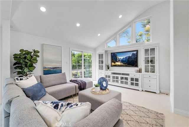 9588 Shimizu River Cir, Fountain Valley, CA 92708 - living area featuring vaulted ceiling, recessed lighting, carpet floors, and baseboards