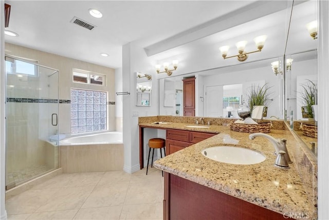 9588 Shimizu River Cir, Fountain Valley, CA 92708 - bathroom featuring a garden tub, a shower stall, double vanity, healthy amount of natural light, and recessed lighting