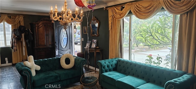 18565 E Gallarno Dr, Covina, CA 91722 - living area featuring a chandelier and ornamental molding