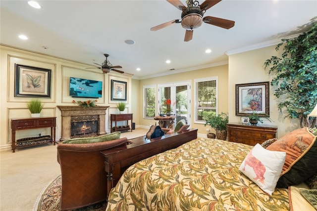 23965 Lawson Rd, Corona, CA 92883 - bedroom featuring light carpet, crown molding, recessed lighting, baseboards, and a warm lit fireplace