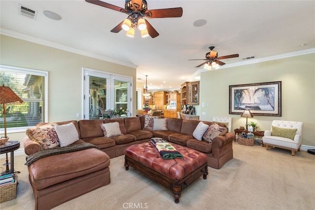 23965 Lawson Rd, Corona, CA 92883 - living area featuring ornamental molding, ceiling fan, and carpet floors