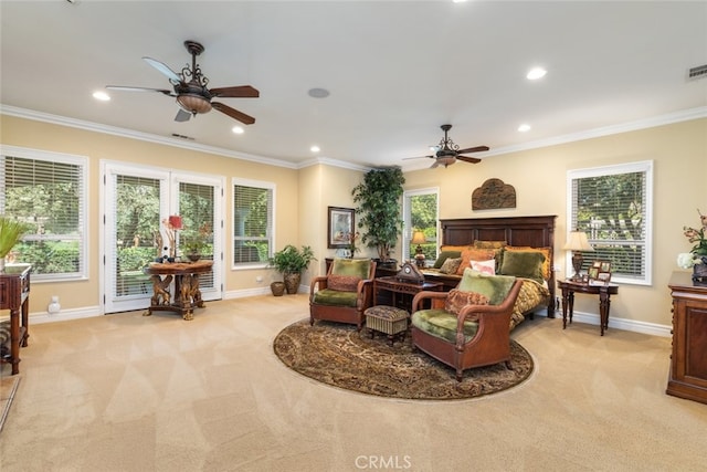 23965 Lawson Rd, Corona, CA 92883 - bedroom featuring light colored carpet, access to outside, recessed lighting, ornamental molding, and baseboards