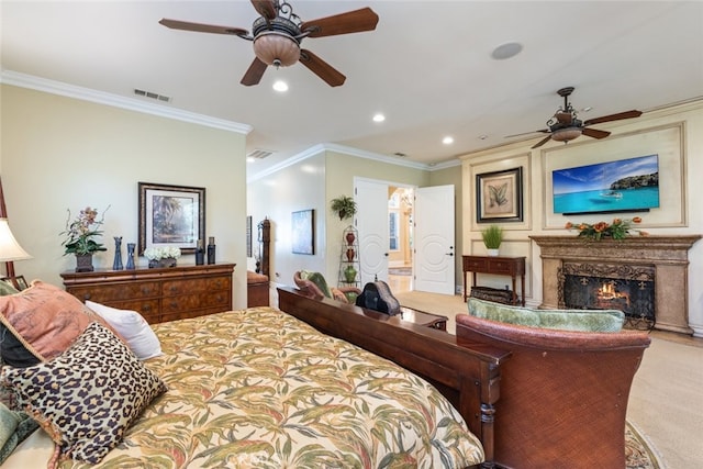23965 Lawson Rd, Corona, CA 92883 - bedroom with recessed lighting, ornamental molding, a high end fireplace, carpet, and ceiling fan