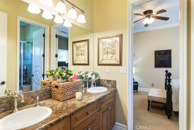 23965 Lawson Rd, Corona, CA 92883 - bathroom with a shower stall, crown molding, ceiling fan, double vanity, and baseboards