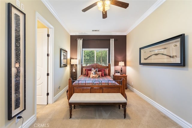 23965 Lawson Rd, Corona, CA 92883 - bedroom featuring carpet floors, crown molding, baseboards, and a ceiling fan