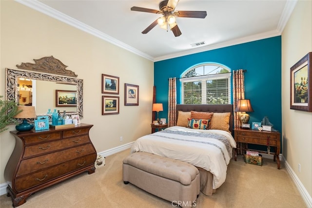 23965 Lawson Rd, Corona, CA 92883 - carpeted bedroom with crown molding, baseboards, and a ceiling fan