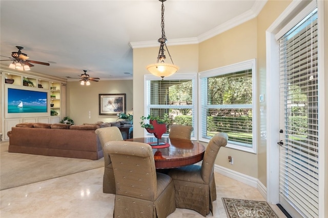 23965 Lawson Rd, Corona, CA 92883 - dining room with ornamental molding, ceiling fan, and baseboards