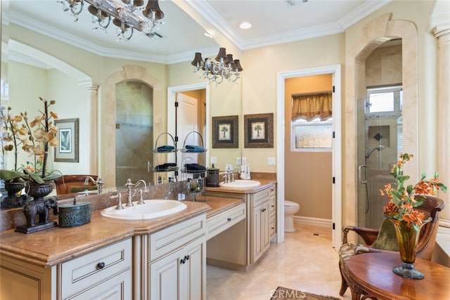 23965 Lawson Rd, Corona, CA 92883 - bathroom with a shower stall, toilet, crown molding, vanity, and ornate columns