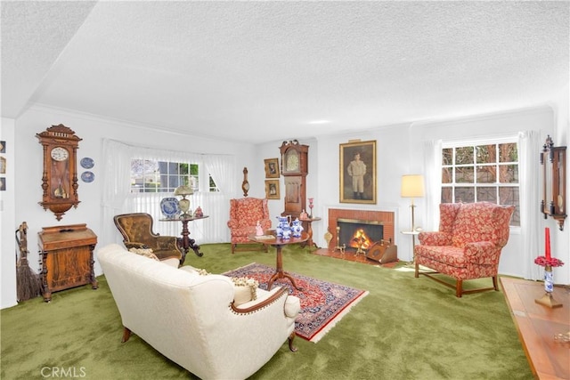 11731 Argyle Dr, Rossmoor, CA 90720 - carpeted living room with a textured ceiling and a brick fireplace